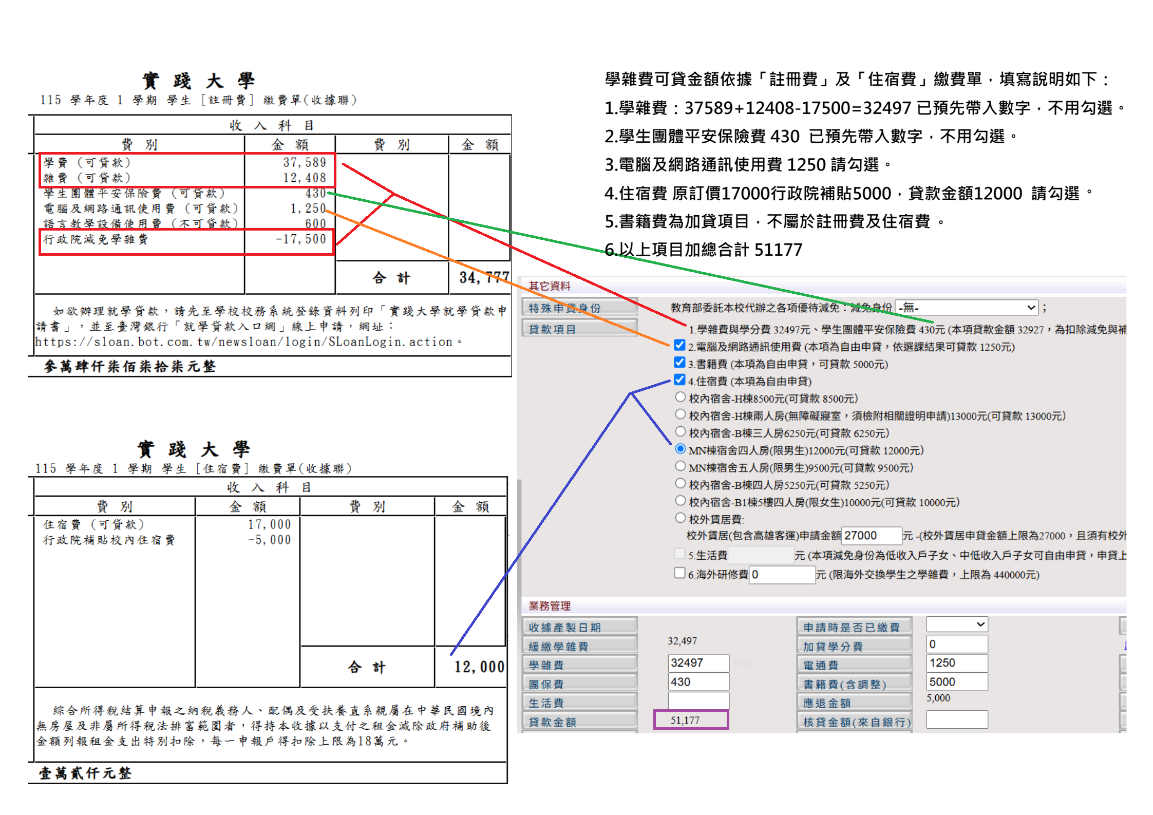 填寫就學貸款申請書，依貸款項目勾選